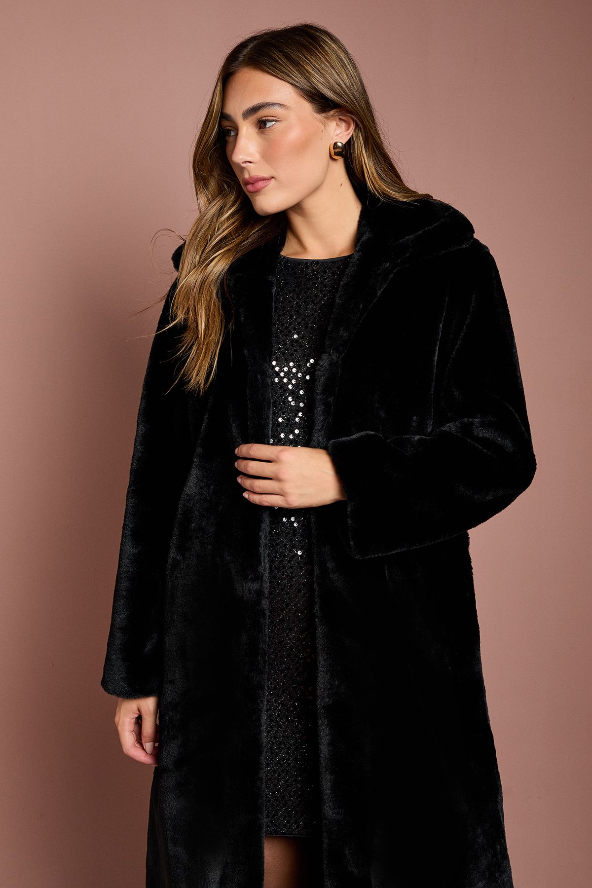 Coast Black Faux Fur Longline Collared Coat Black image 2