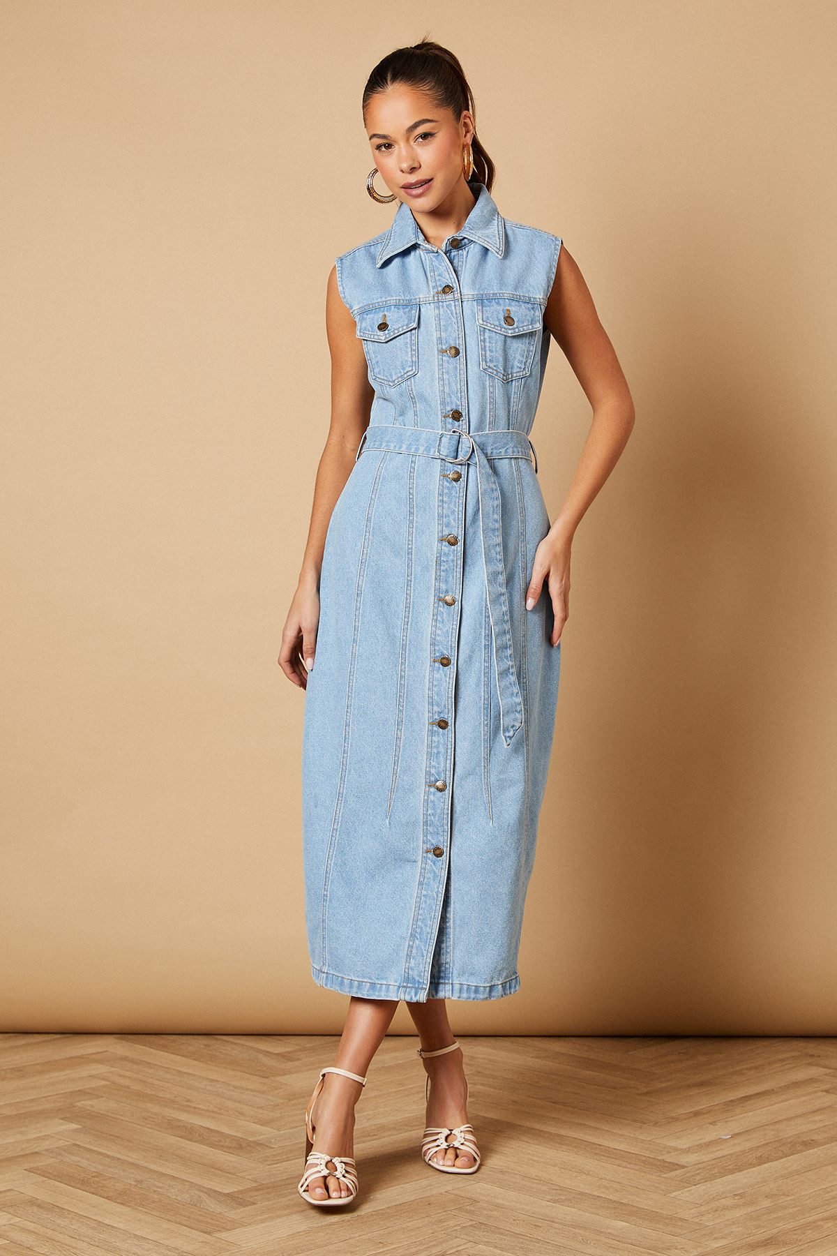 Oasis Belted Waist Pocket Detail Midi Dress Light Wash image 1