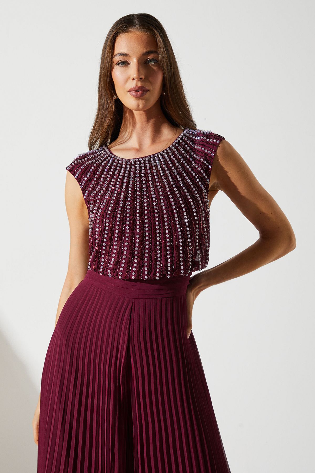 Coast Party Diamante Chiffon Pleated Jumpsuit Wine image 2