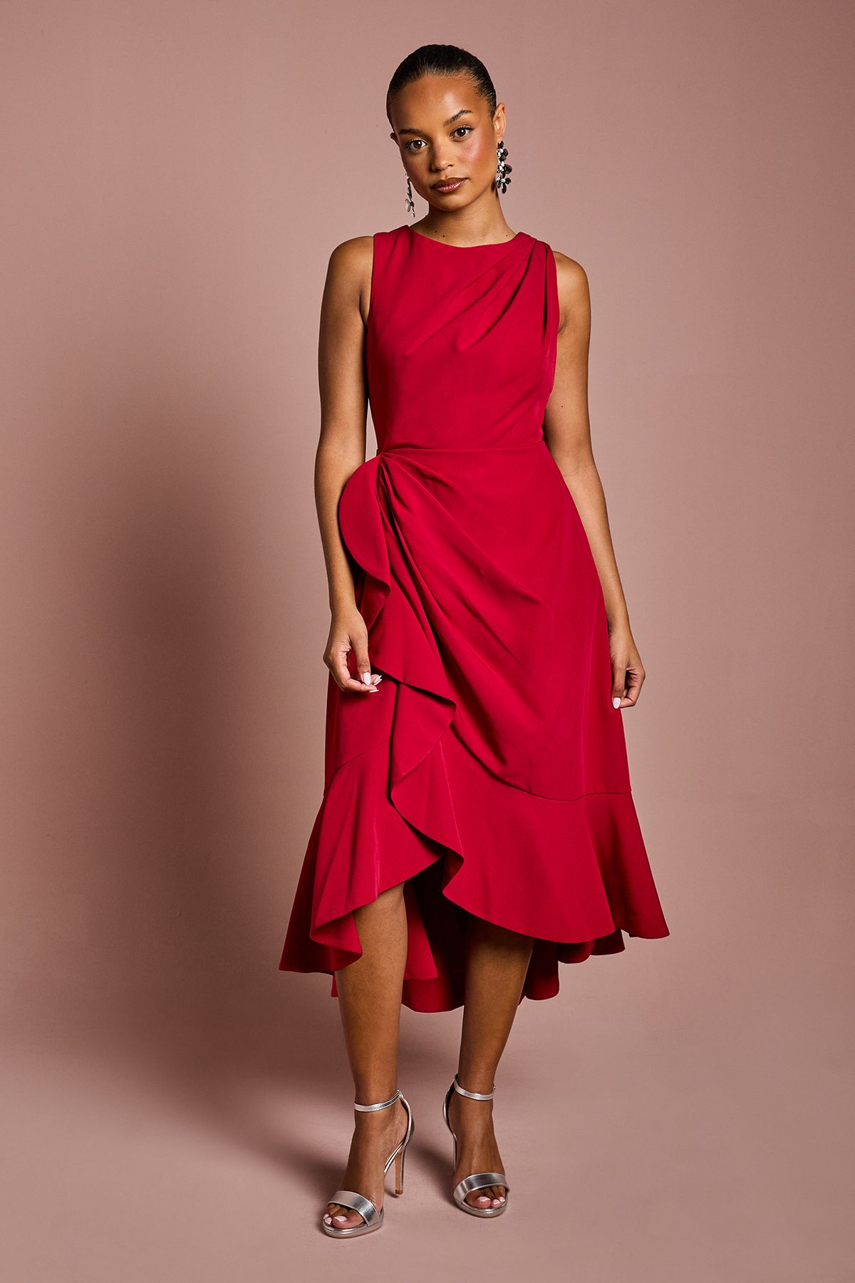 Coast Petite Crepe Ruffle Dress With Low Back Berry image 2