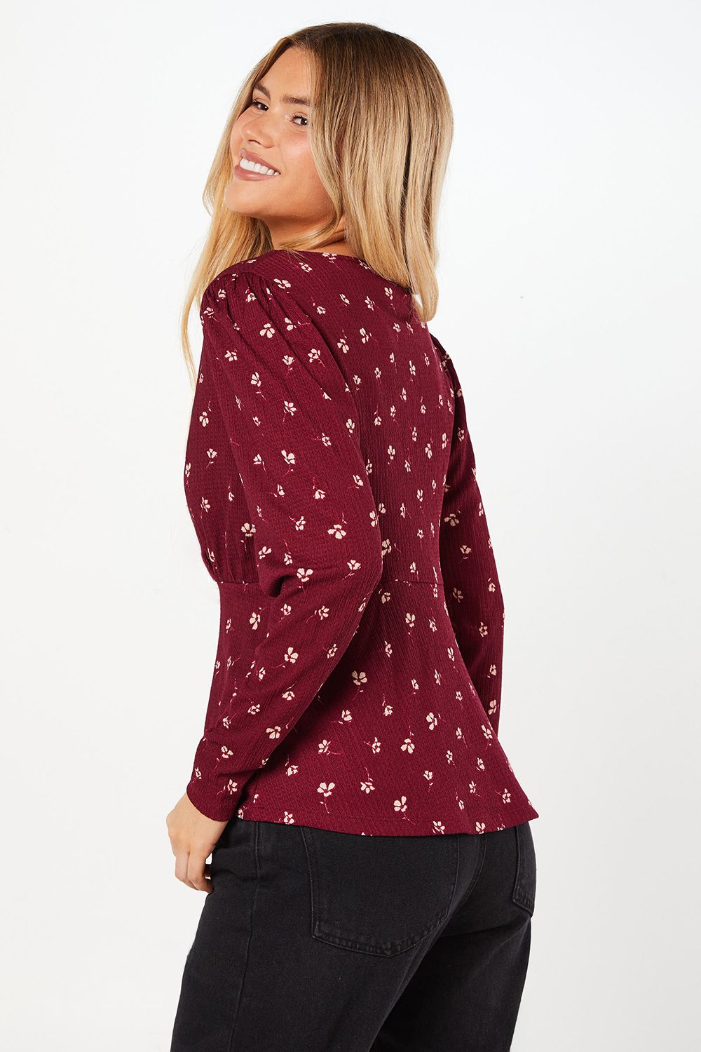 Dorothy Perkins Burgundy Ditsy Wrap Long Sleeve Top Burgundy image 3
