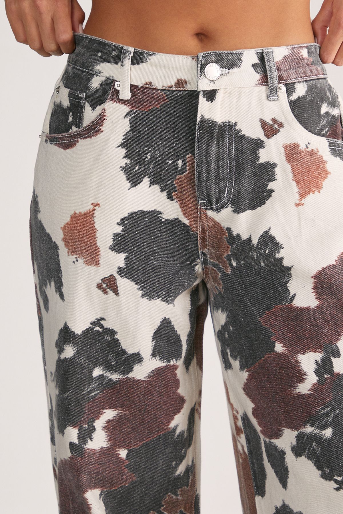 NastyGal Cow Print Straight Leg Denim Jeans Off White image 5