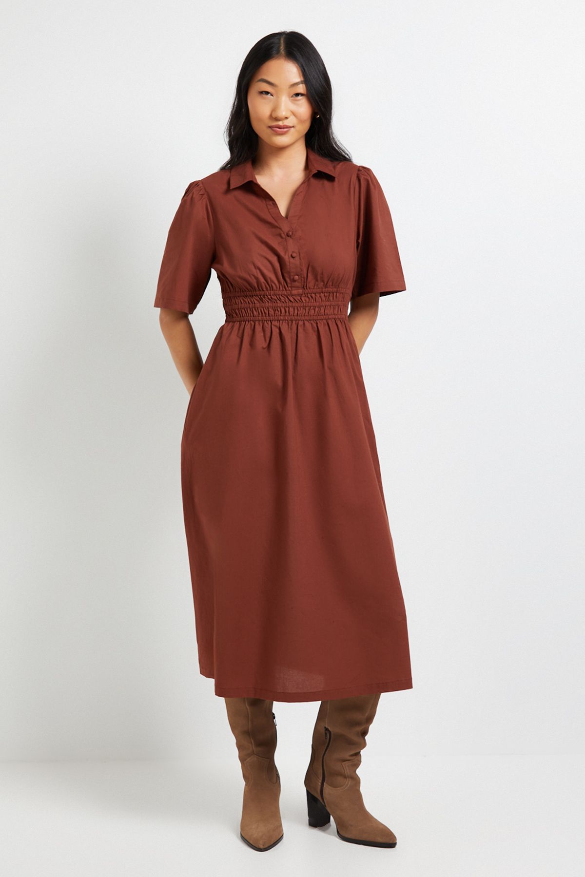 Dorothy Perkins Petite Collar Shirred Waist Detail Poplin Midi Dress Chocolate