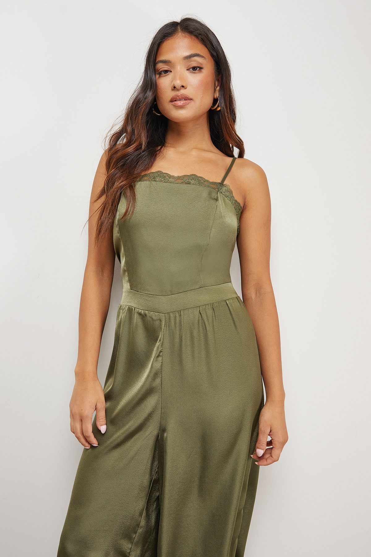 Warehouse Petite Satin Lace Trim Elasticated Cuff Strappy Jumpsuit Olive image 2