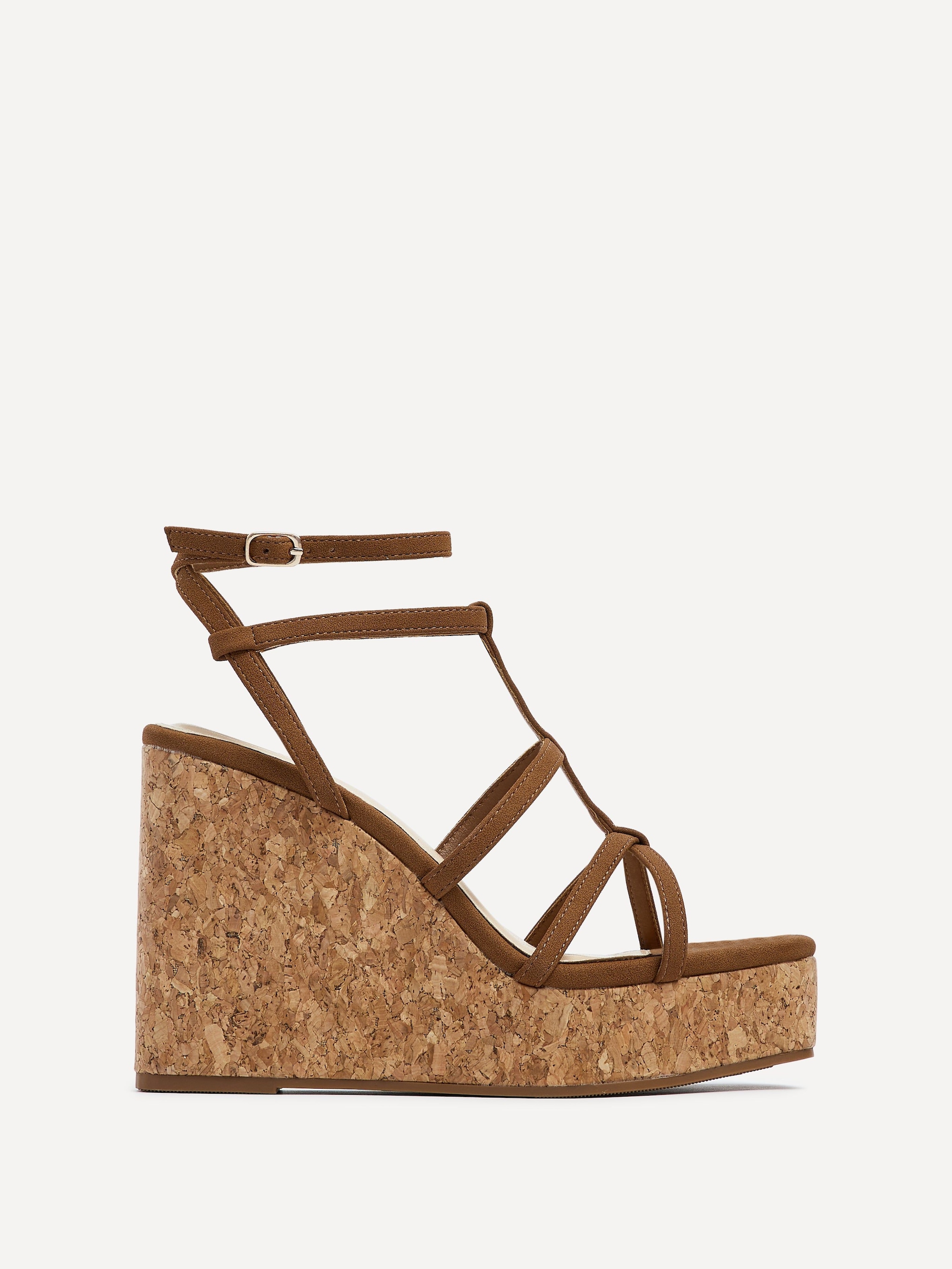 Linzi Barbados Tan Faux Suede Square Toe Strappy Cork Wedge image 1