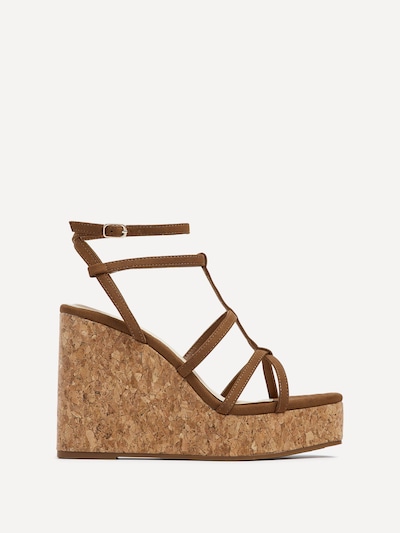 Linzi Barbados Tan Faux Suede Square Toe Strappy Cork Wedge
