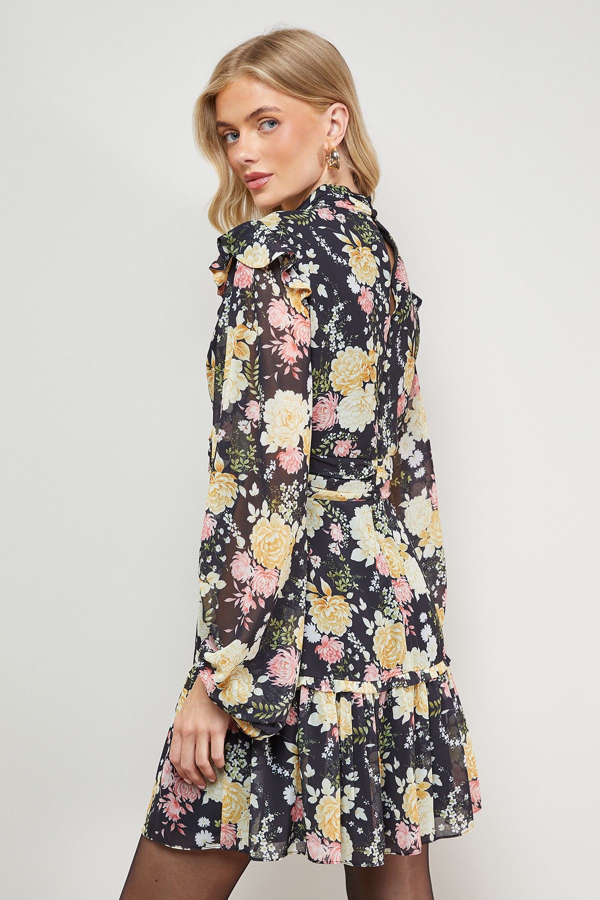 Oasis Printed Ruched High Neck Mini Fit And Flare Dress Multi image 4