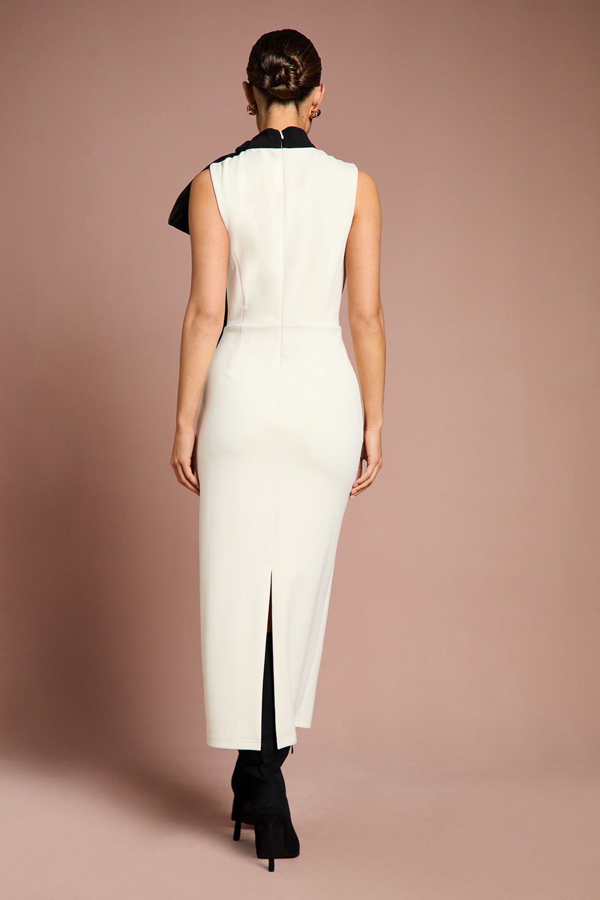 Coast Lisa Tan Stretch Crepe Organza Pussybow Column Midi Dress Cream image 3