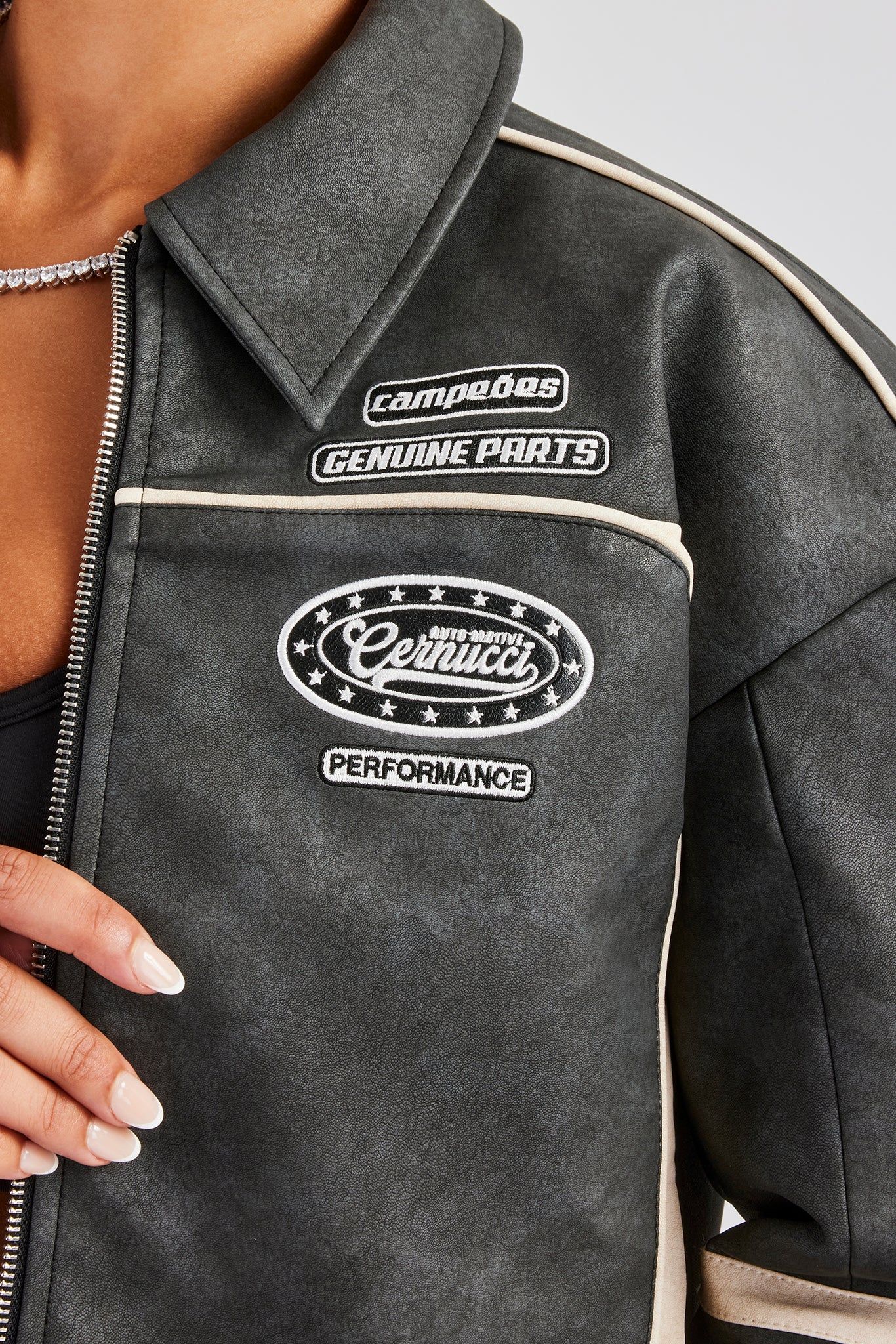 Cernucci PU Moto Badge Harrington Jacket - Charcoal image 4