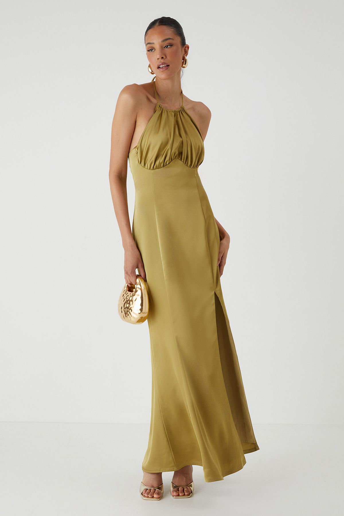 MissPap Halter Neck Split Hem Maxi Dress Green image 3