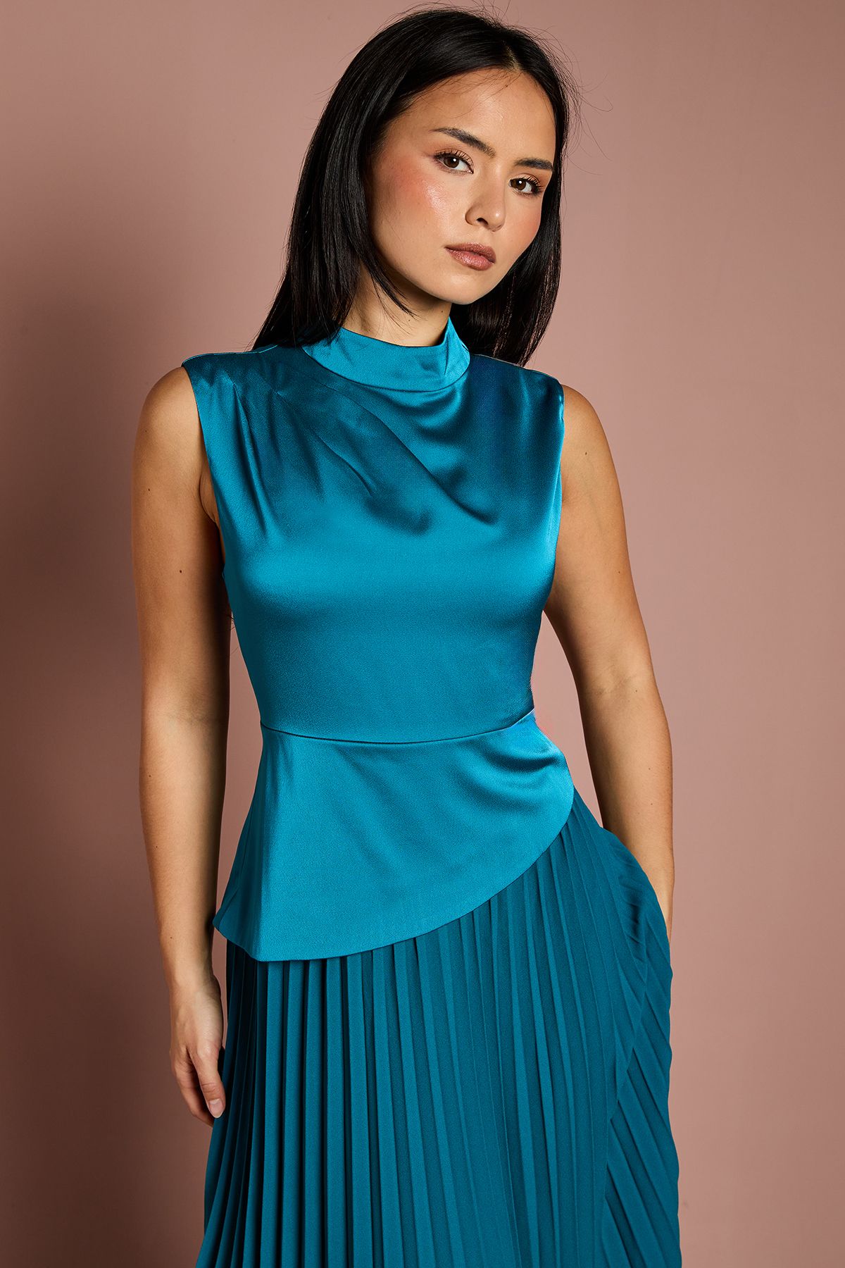 Coast Petite Drape High Neck Pleated Skirt Midi Dress Teal image 2