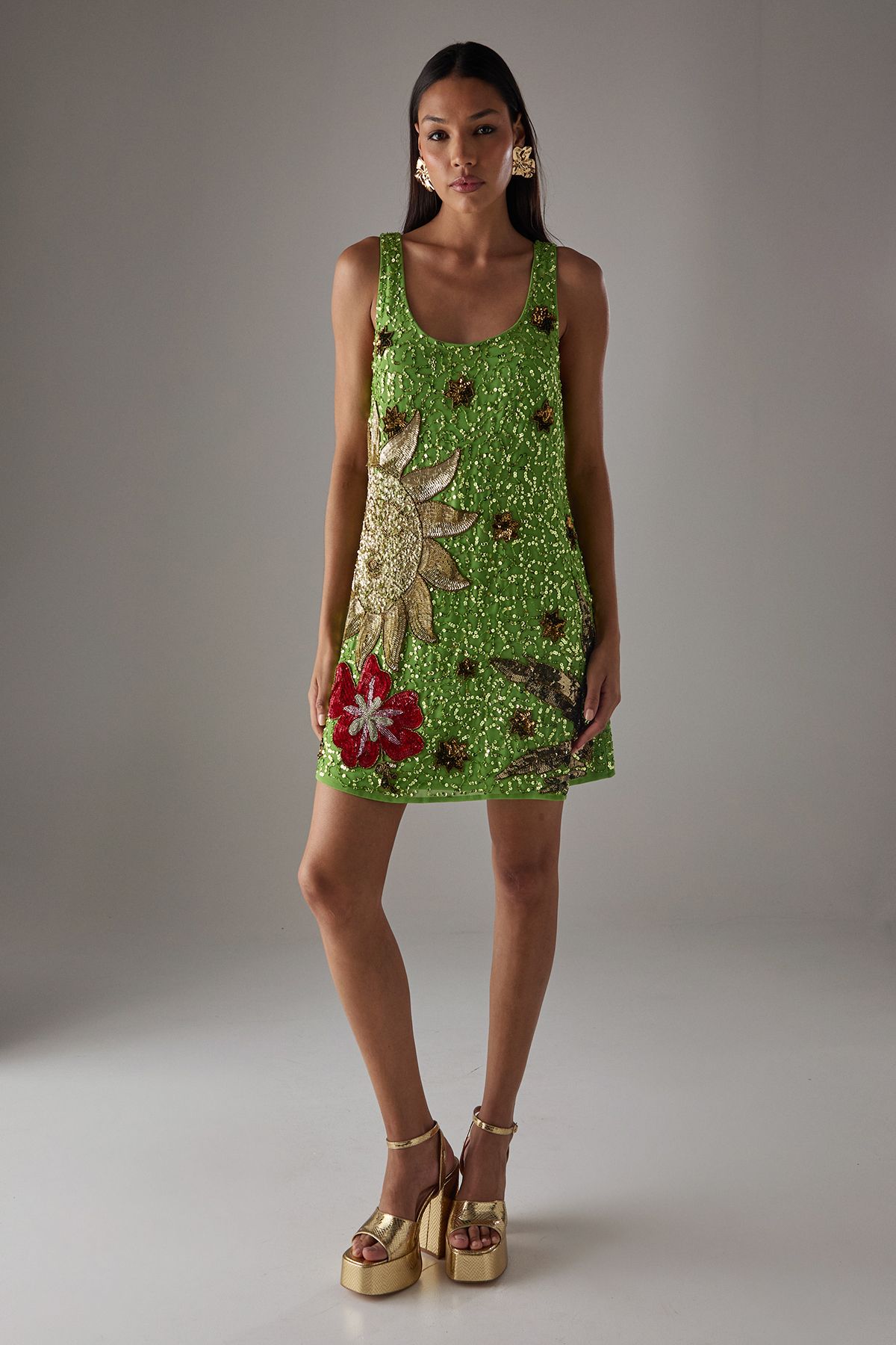 Warehouse HCD Premium Hand Embellished Scoop Neck Mini Dress Green image 2