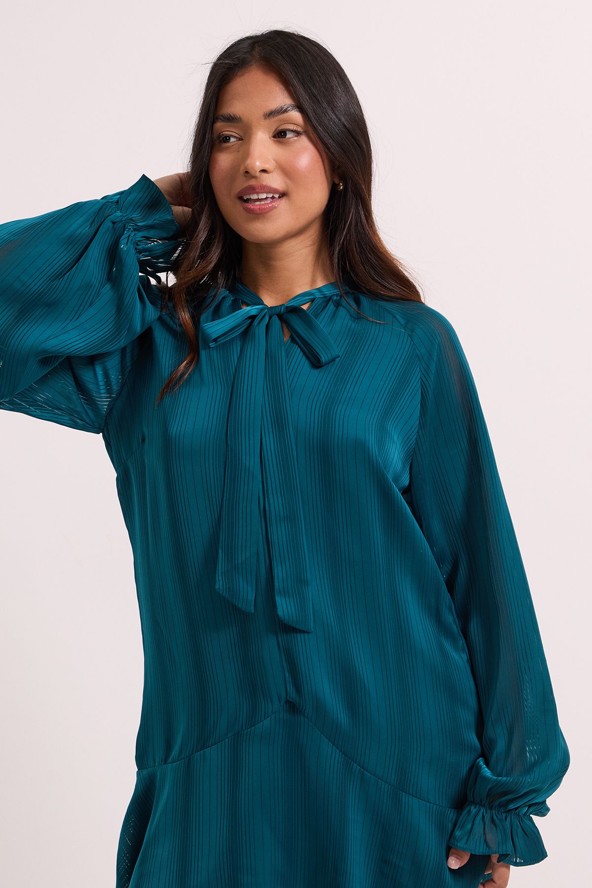 Dorothy Perkins Petite Tie Neck Satin Burnout Tiered Smock Dress Teal image 2