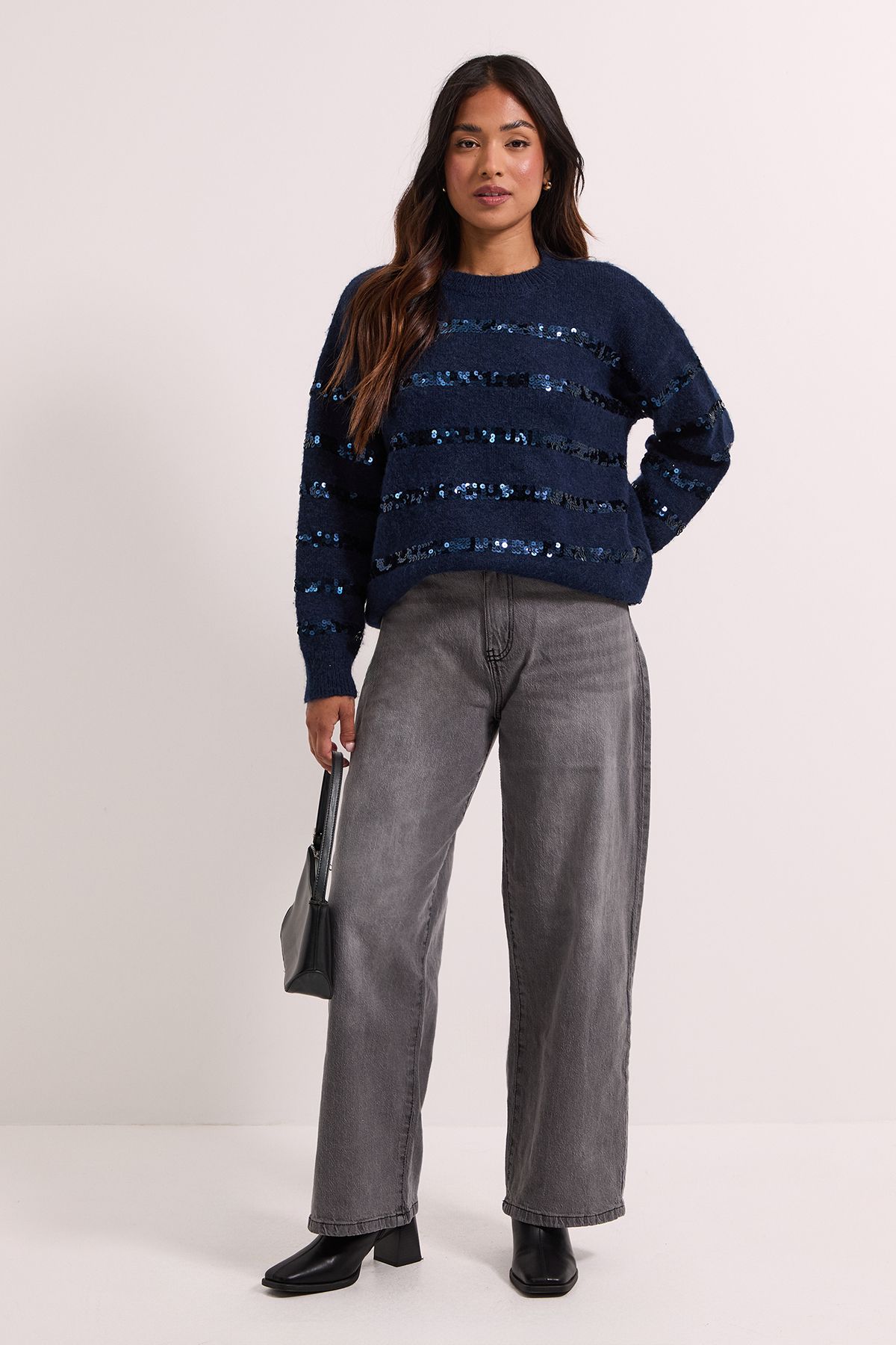 Dorothy Perkins Petite Navy Sequin Stripe Knitted Jumper Dark Navy image 1