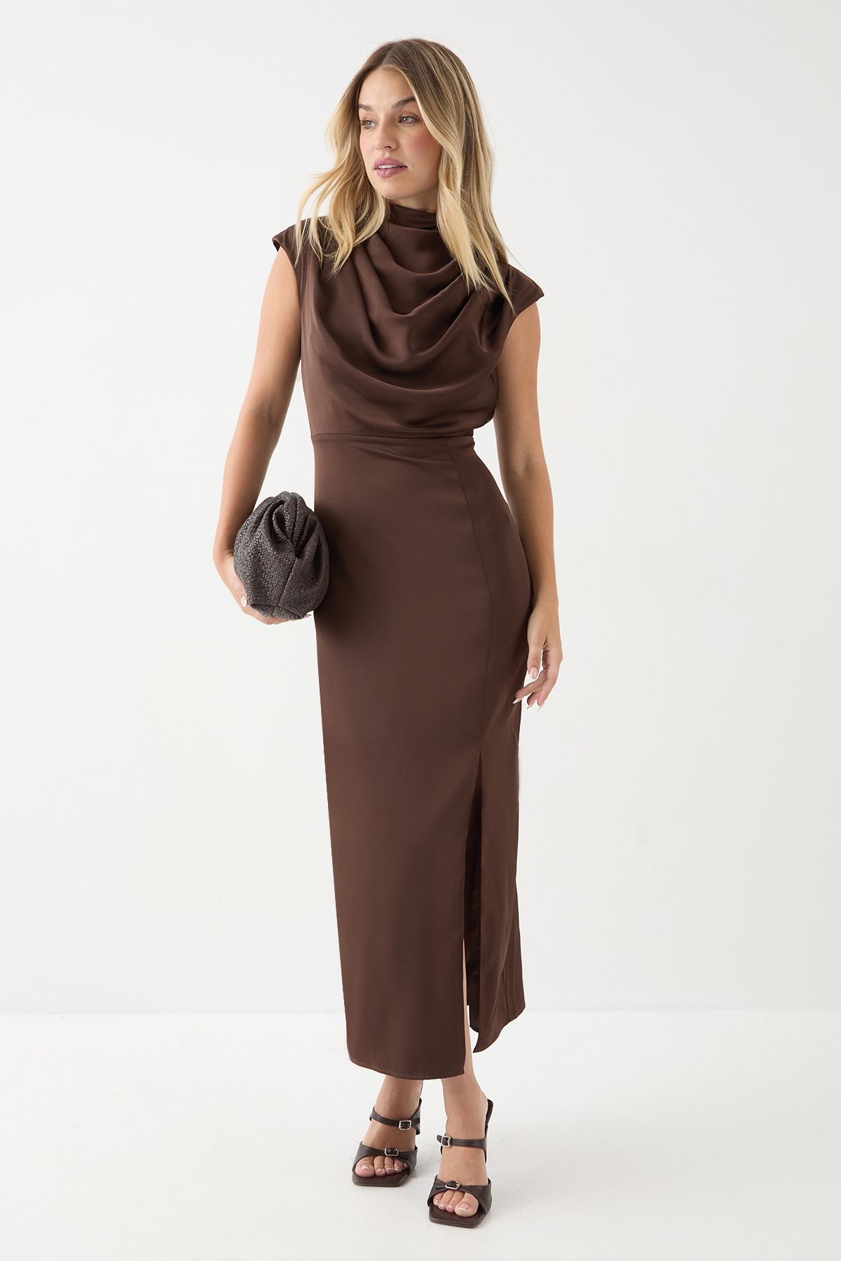MissPap Drape Neck Detail Midi Dress Chocolate