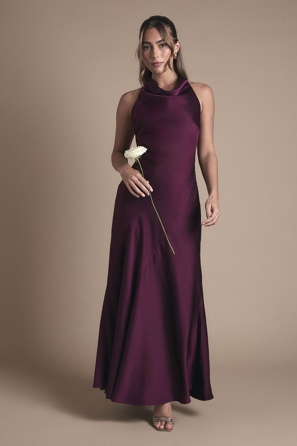 Oasis Oasis Cowl Halterneck Satin Maxi Bridesmaid Dress Grape image 1