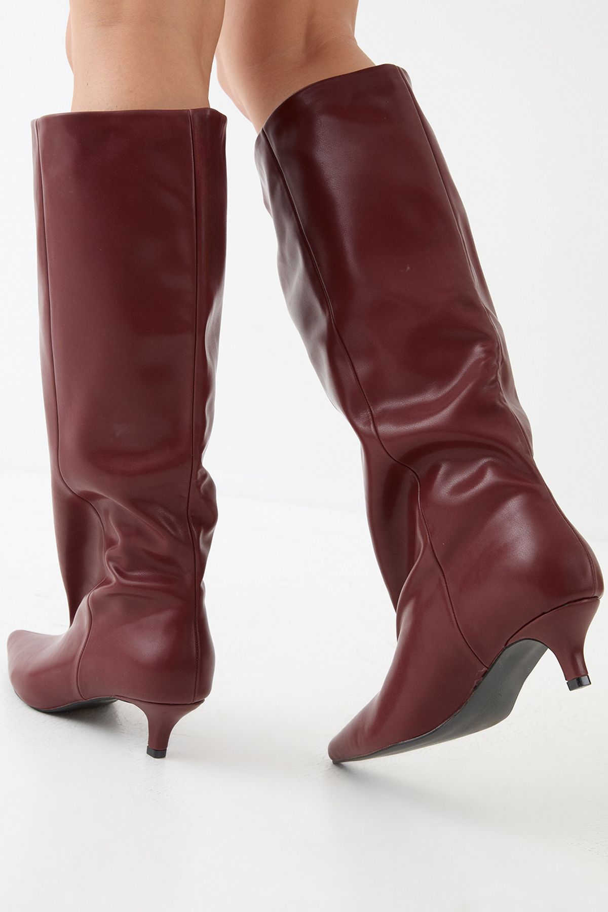 MissPap Low Stiletto Heel Knee High Boots Burgundy image 3