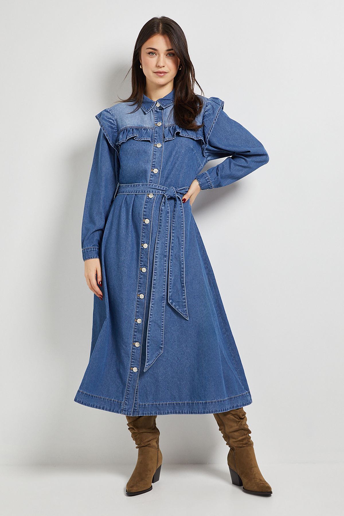 Dorothy Perkins Frill Yoke Denim Dress Mid Wash image 1