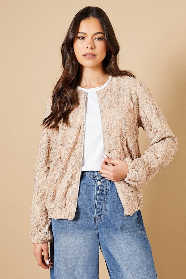Oasis 3D Floral Lace Bomber Jacket Mocha