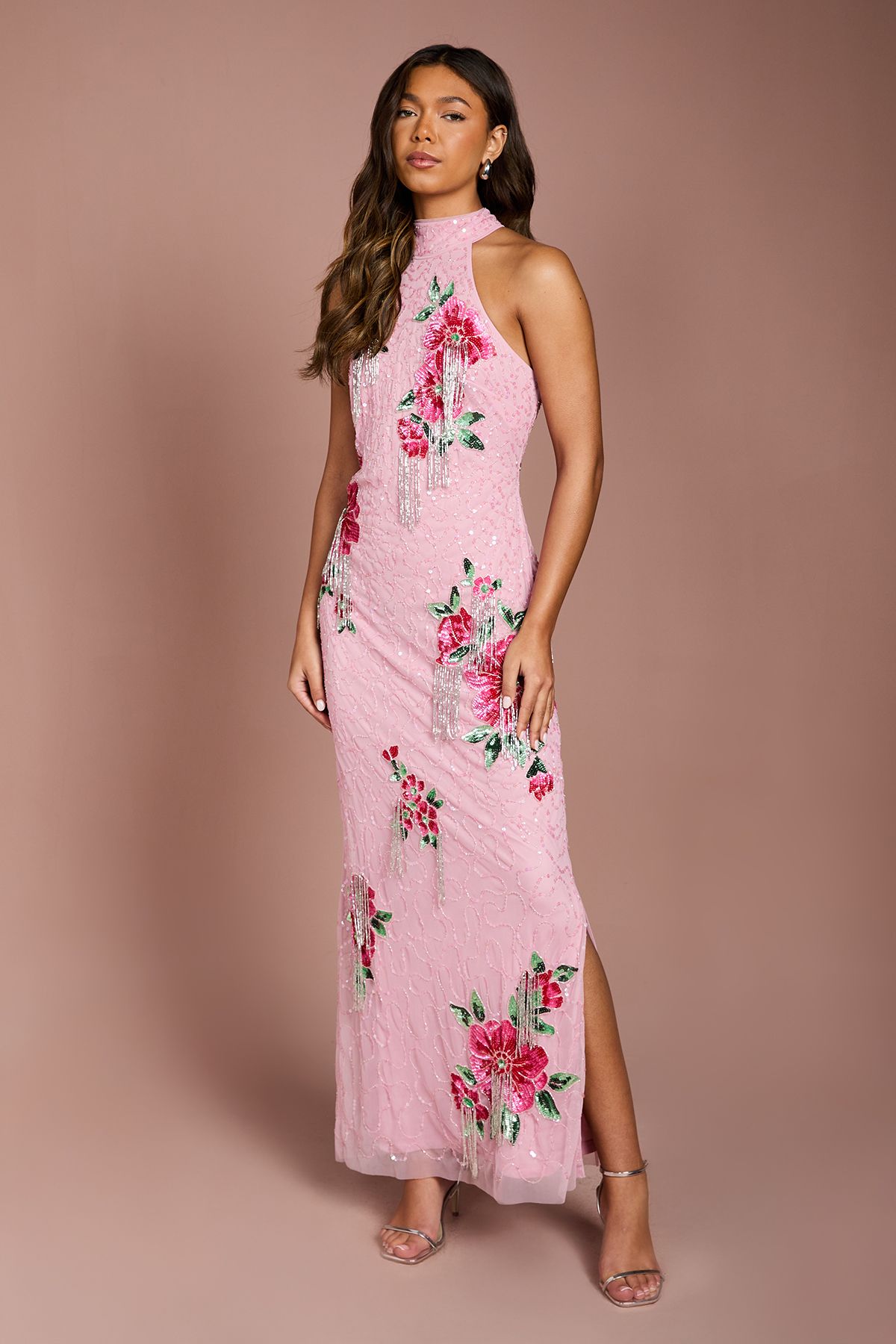 Coast High Neck Floral Sequin Maxi Dress Pink image 1