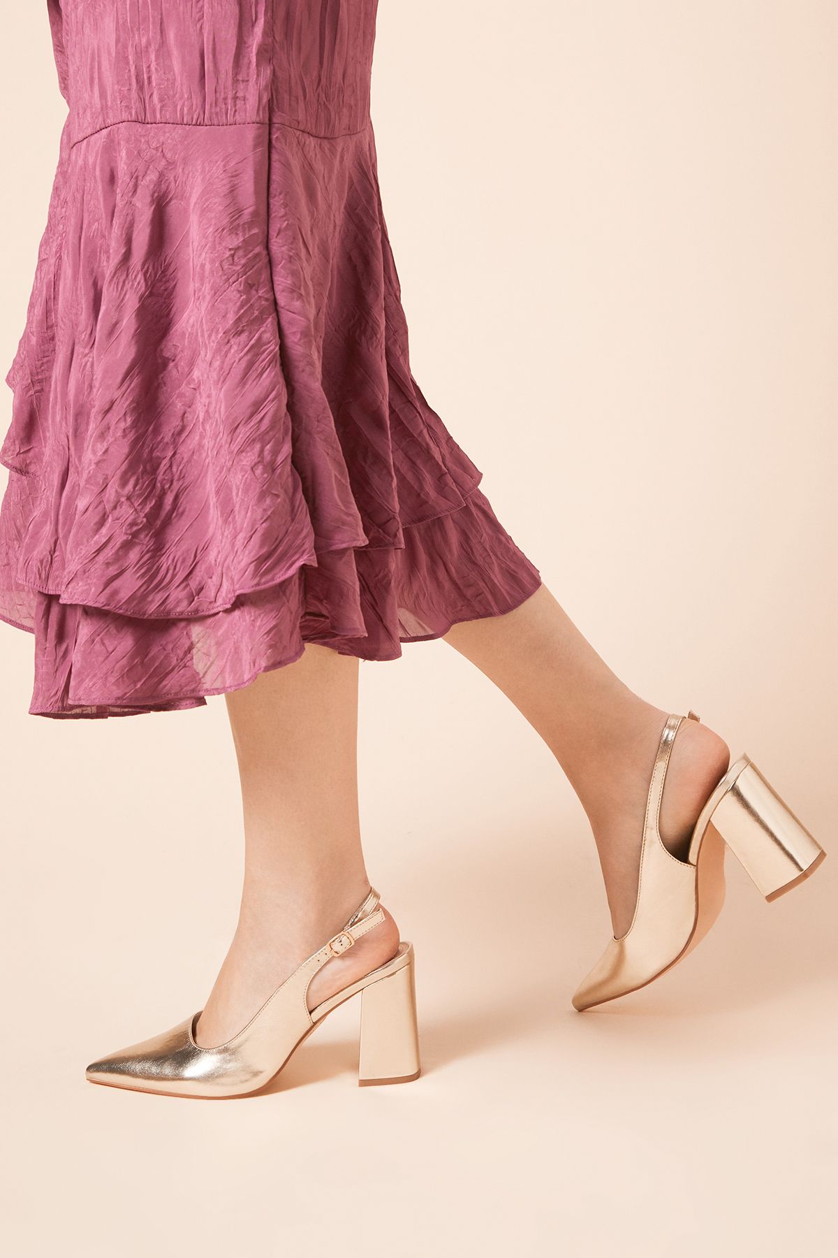 Dorothy Perkins Wide Fit Ellens Pointed High Block Heel Slingback Court Shoes Gold image 2