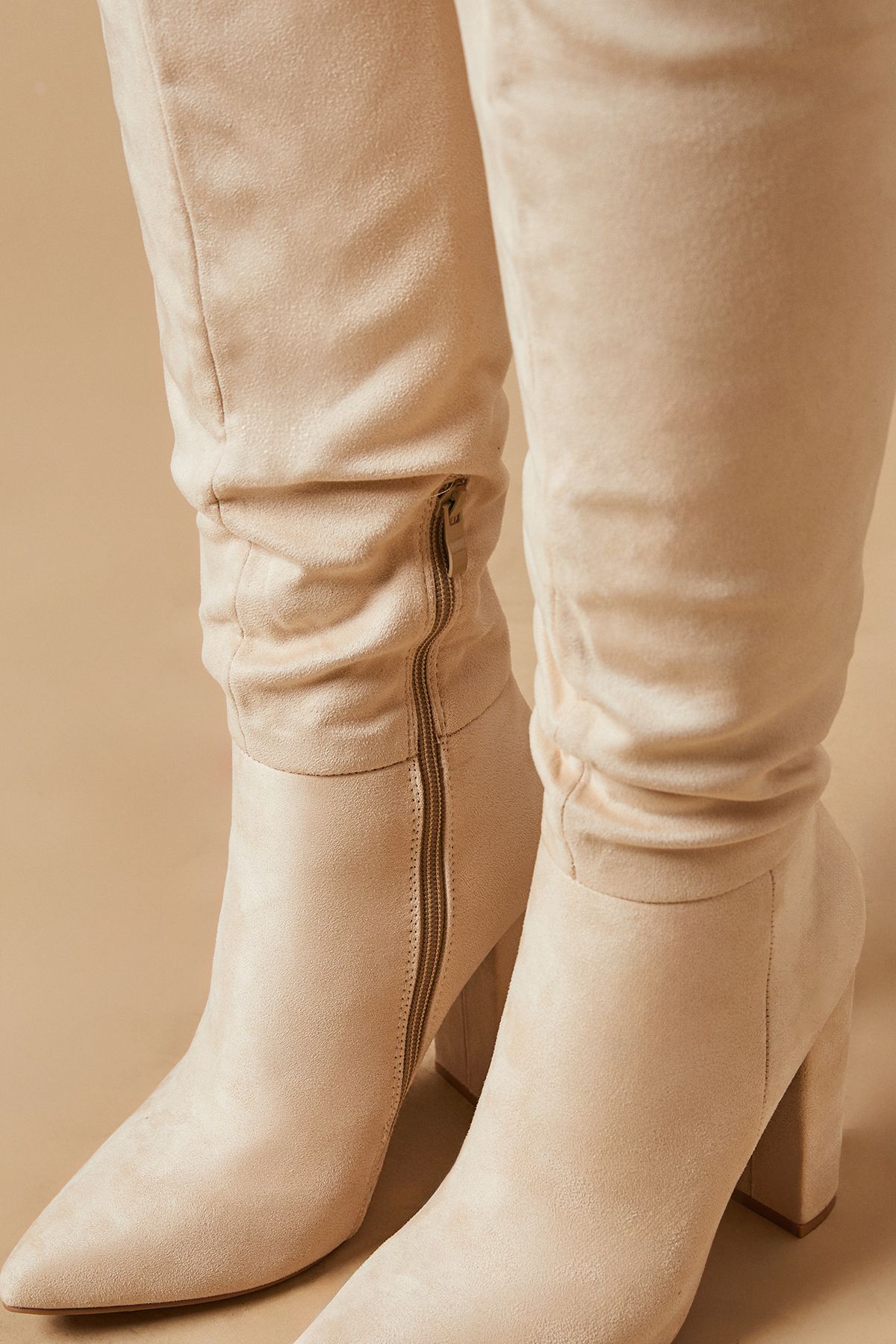 Oasis Kenia Faux Suede High Block Heel Pointed Knee Boot Beige image 4