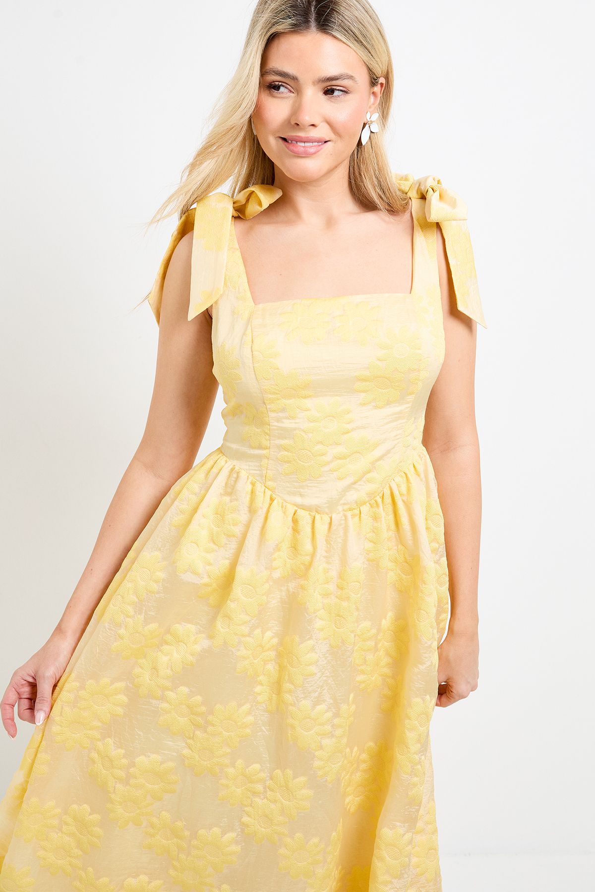 Dorothy Perkins DP Luxe Tie Shoulder Dropped Waist Floral Midi Dress Lemon image 2