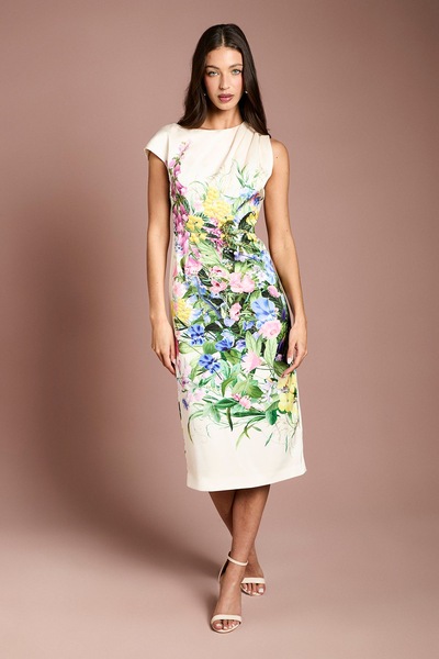 Coast Floral Printed Satin Pencil Dress Ivory