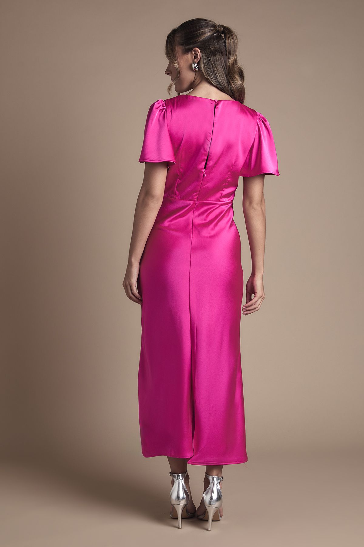 Oasis Satin Twist Front Angel Sleeve Midi Bridesmaid Dress Bright Pink image 4