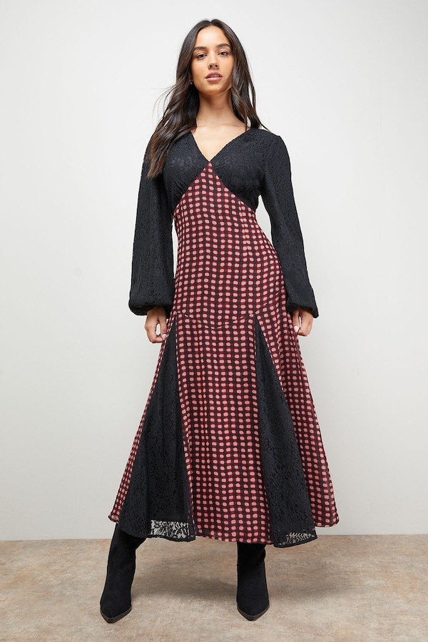 Oasis Check Contrast Panel Midaxi Dress Red