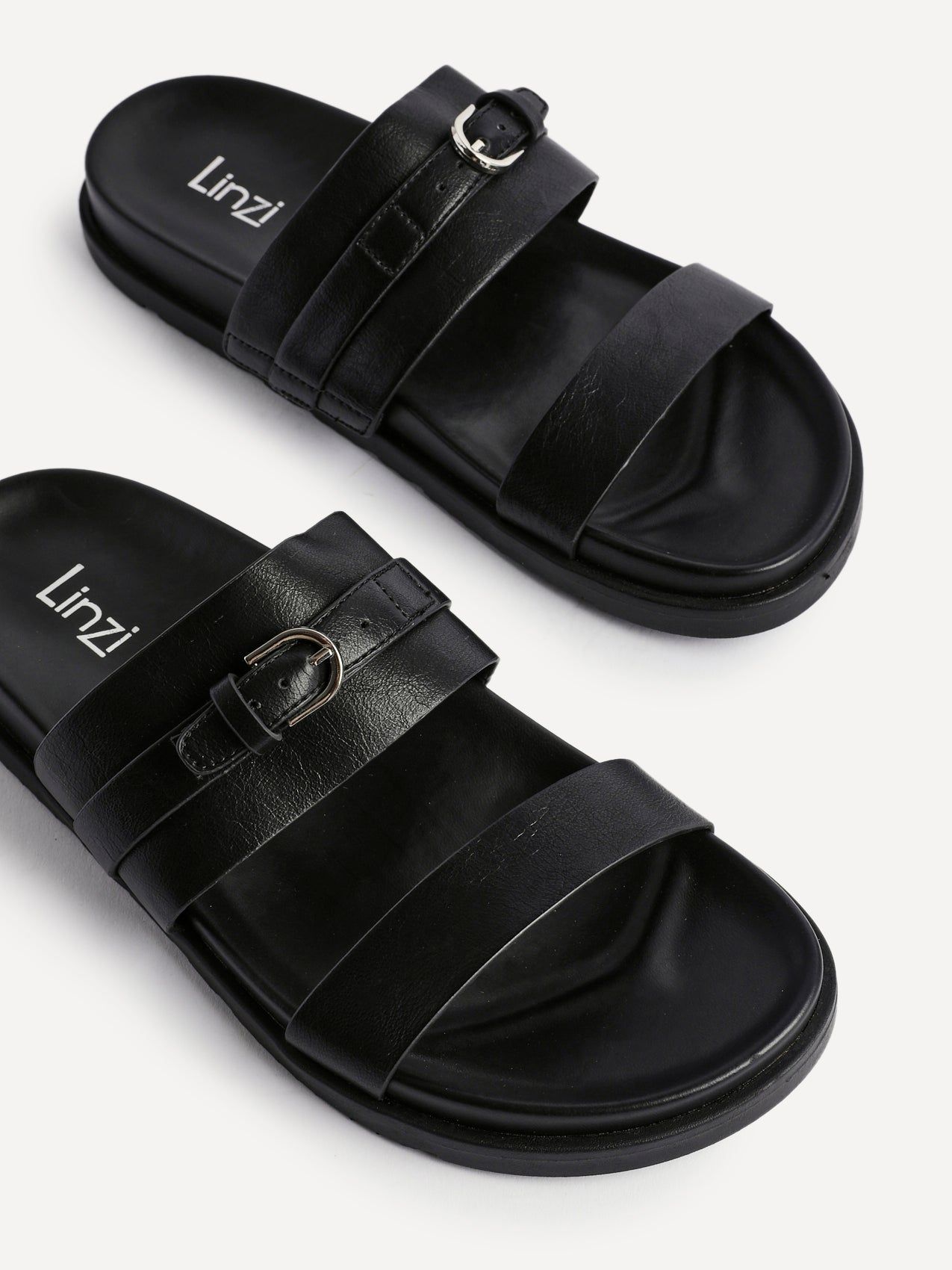 Linzi Ezra Black Faux Leather Flat Slider Sandals image 5