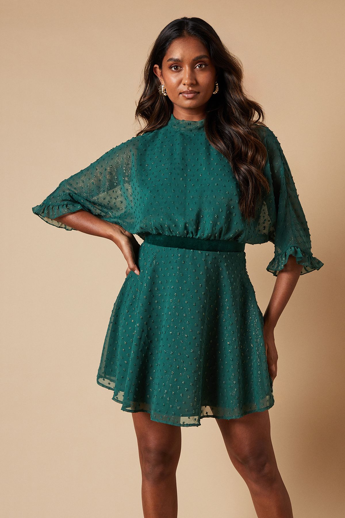 Oasis Occasion Glitter High Neck Mini Dress Green image 1