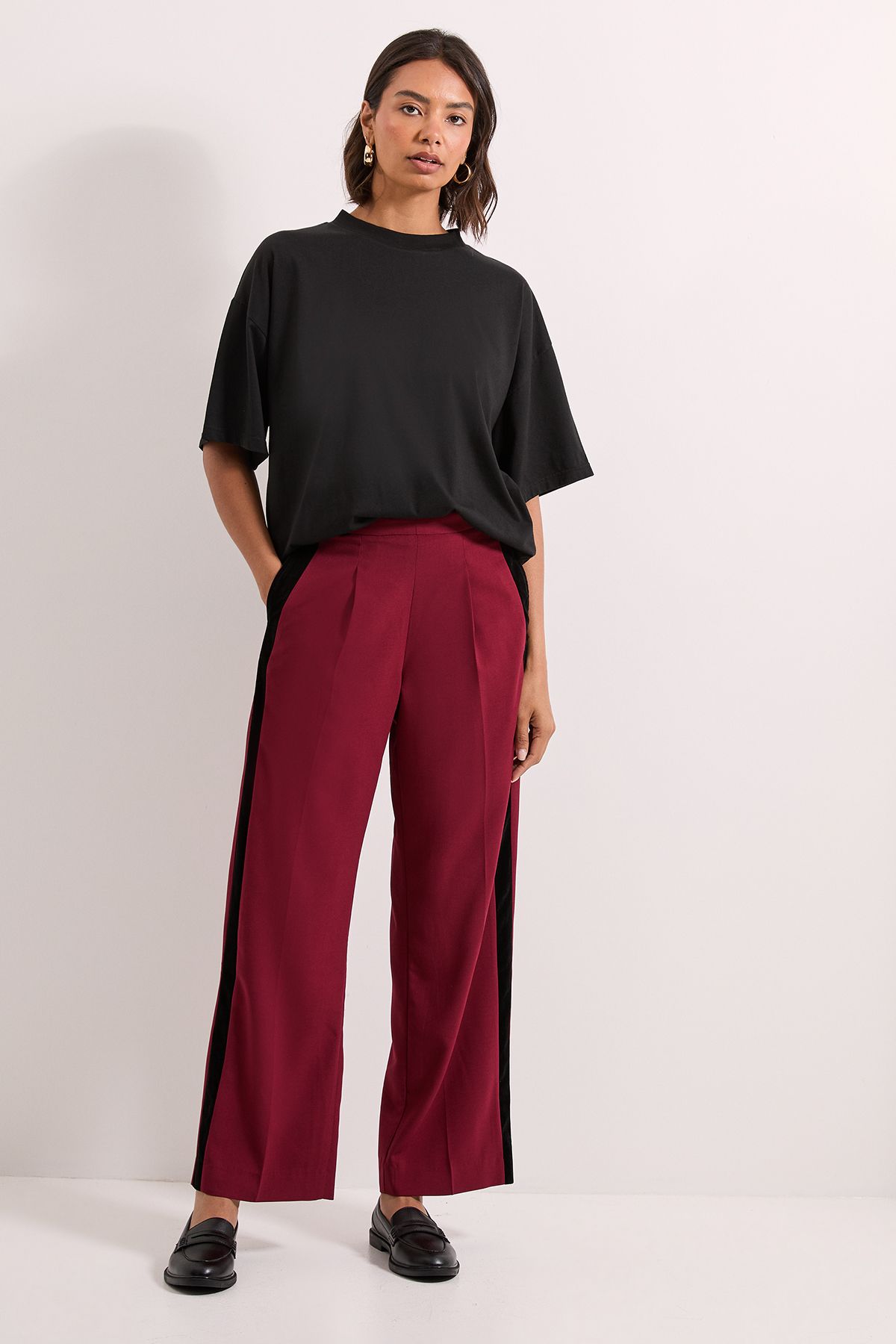 Dorothy Perkins Stripe Detail Belted Straight Leg Trouser Burgundy image 2