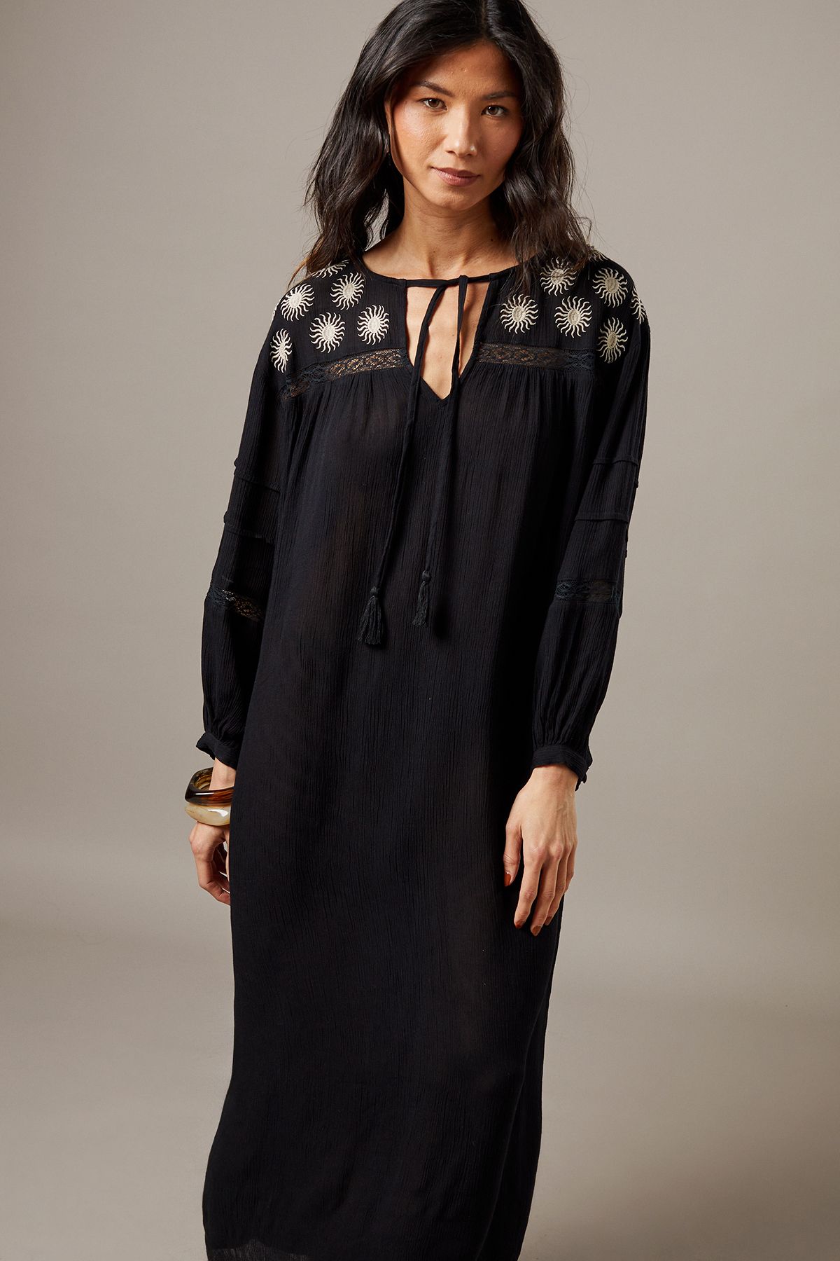 Warehouse Cheesecloth Embroidered Trim Insert Midi Smock Dress Black image 2