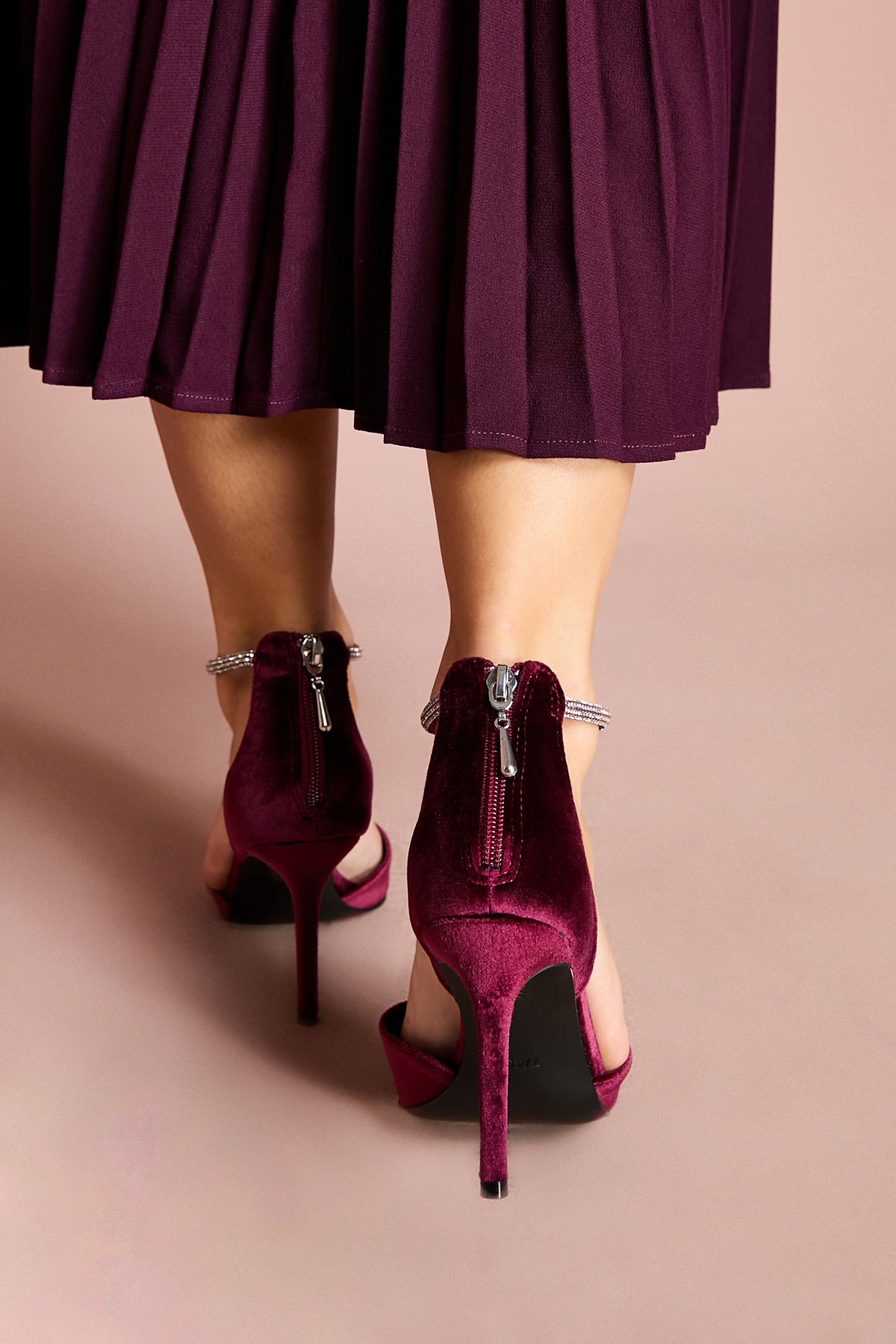 Coast Sicily Velvet Diamante Ankle Strap Pointed Court Shoes Burgundy image 4