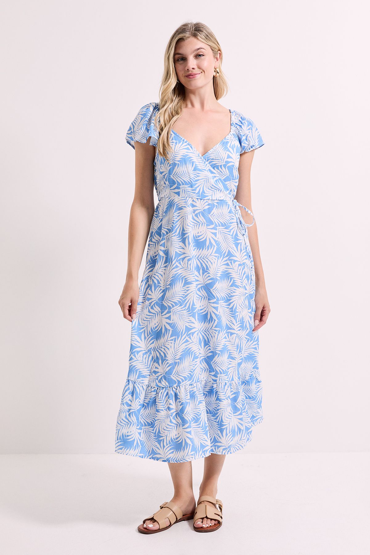 Dorothy Perkins Palm Wrap Front Frill Sleeve Tiered Midi Dress Blue image 1