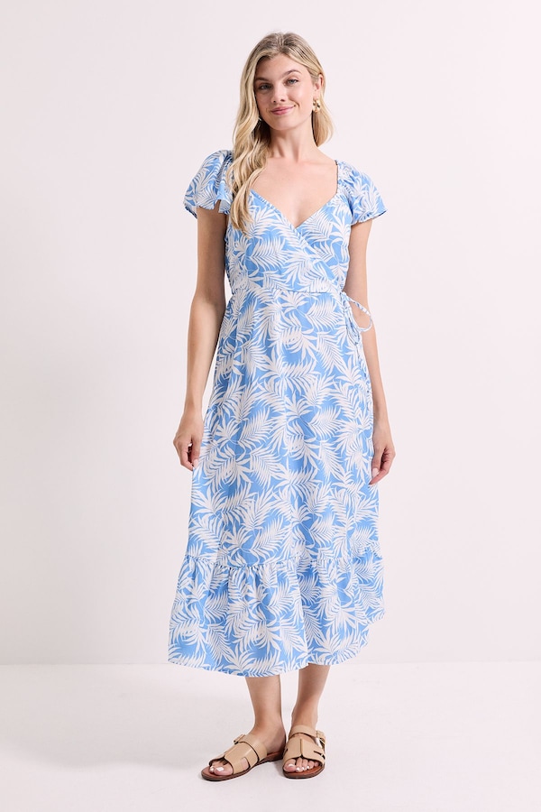 Dorothy Perkins Palm Wrap Front Frill Sleeve Tiered Midi Dress Blue