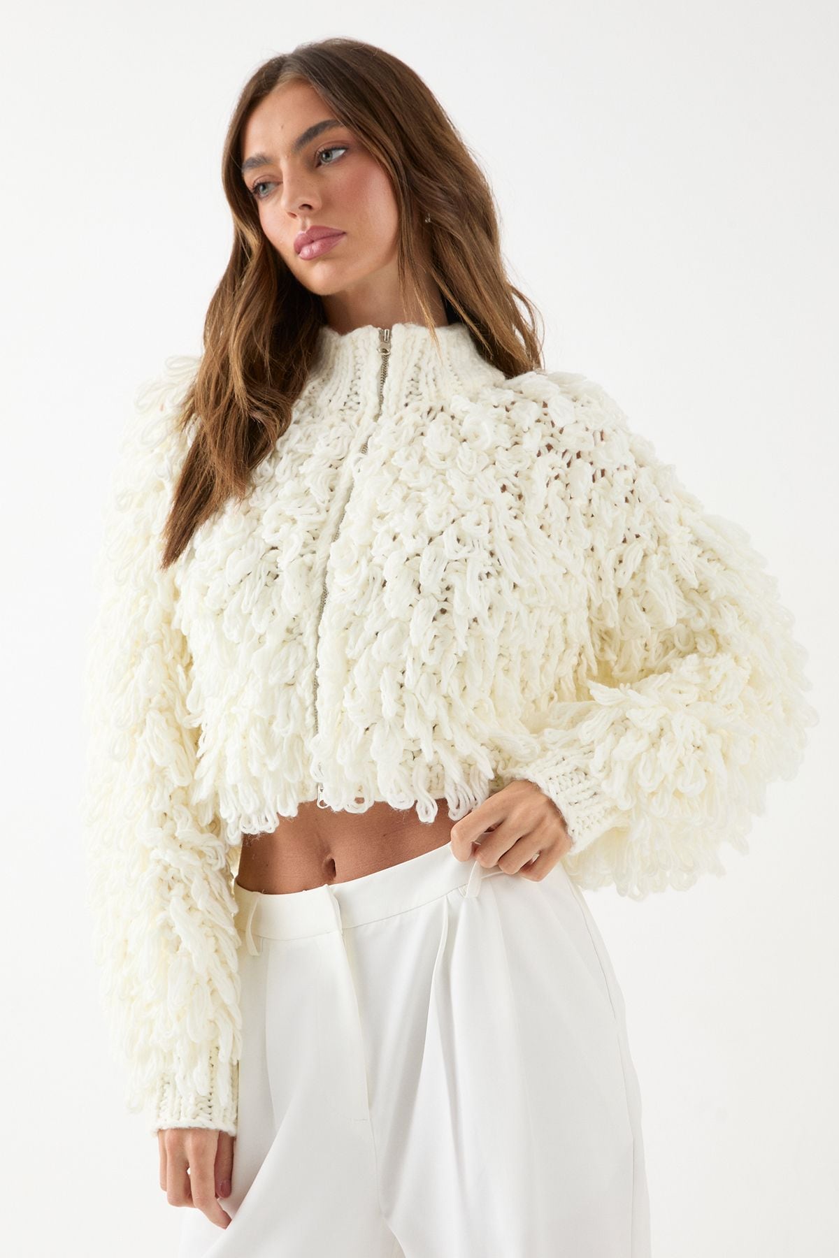 MissPap Zip Up Cream Fringe Loop Bomber Neutral image 1