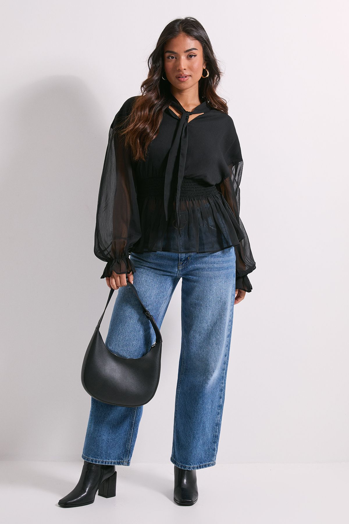 Dorothy Perkins Petite Tie Neck Shirred Waist Boho Blouse Black image 2