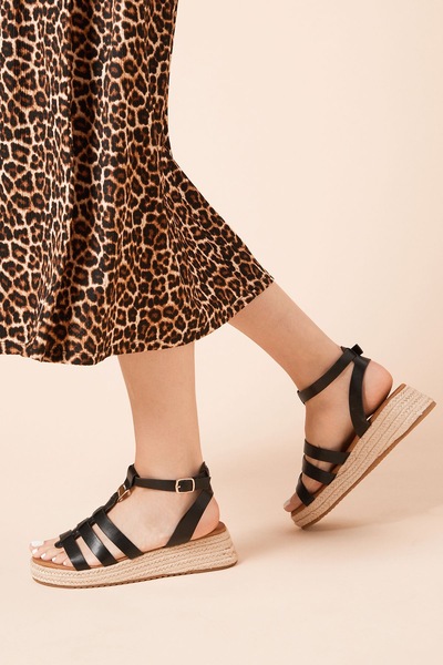 Dorothy Perkins Rover Faux Leather T-bar Espadrille Medium Wedge Sandals Black