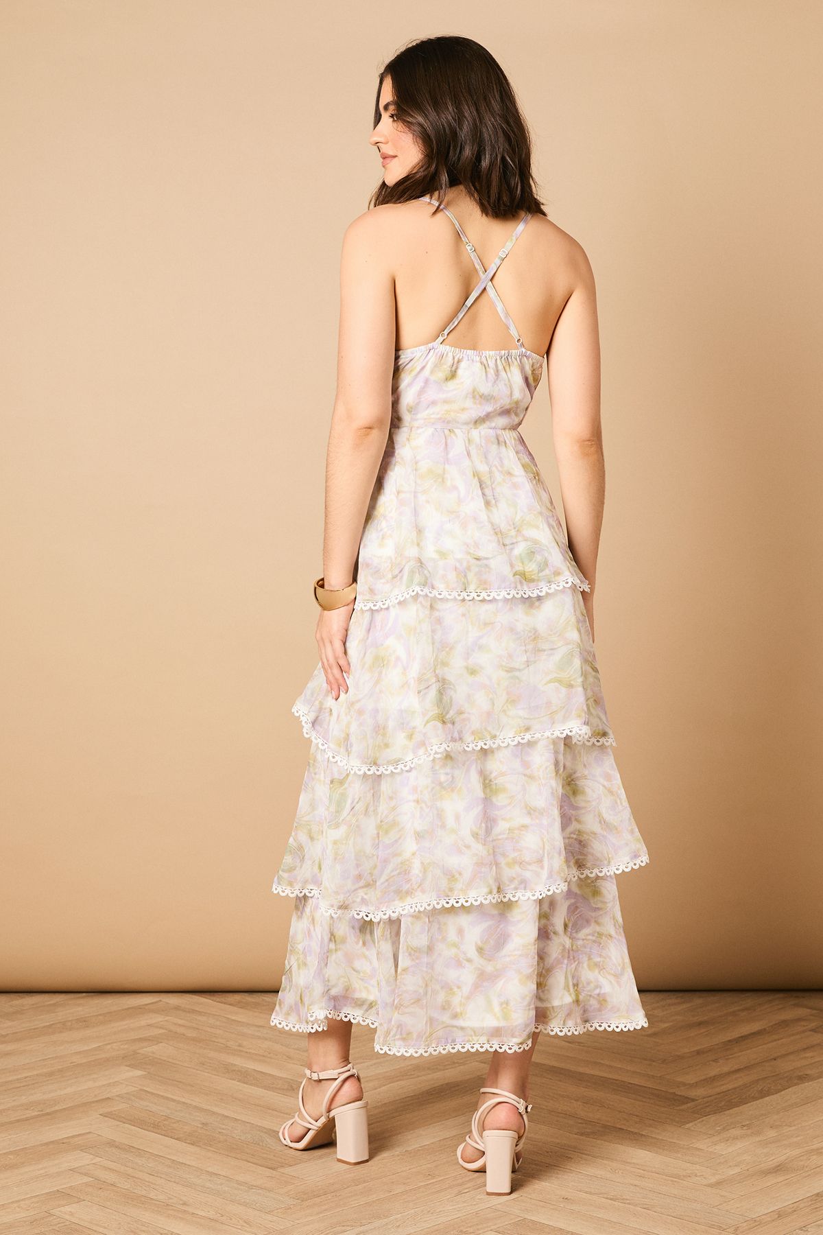 Oasis Printed Tiered Halterneck Spaghetti Strap Maxi Dress Ivory image 4
