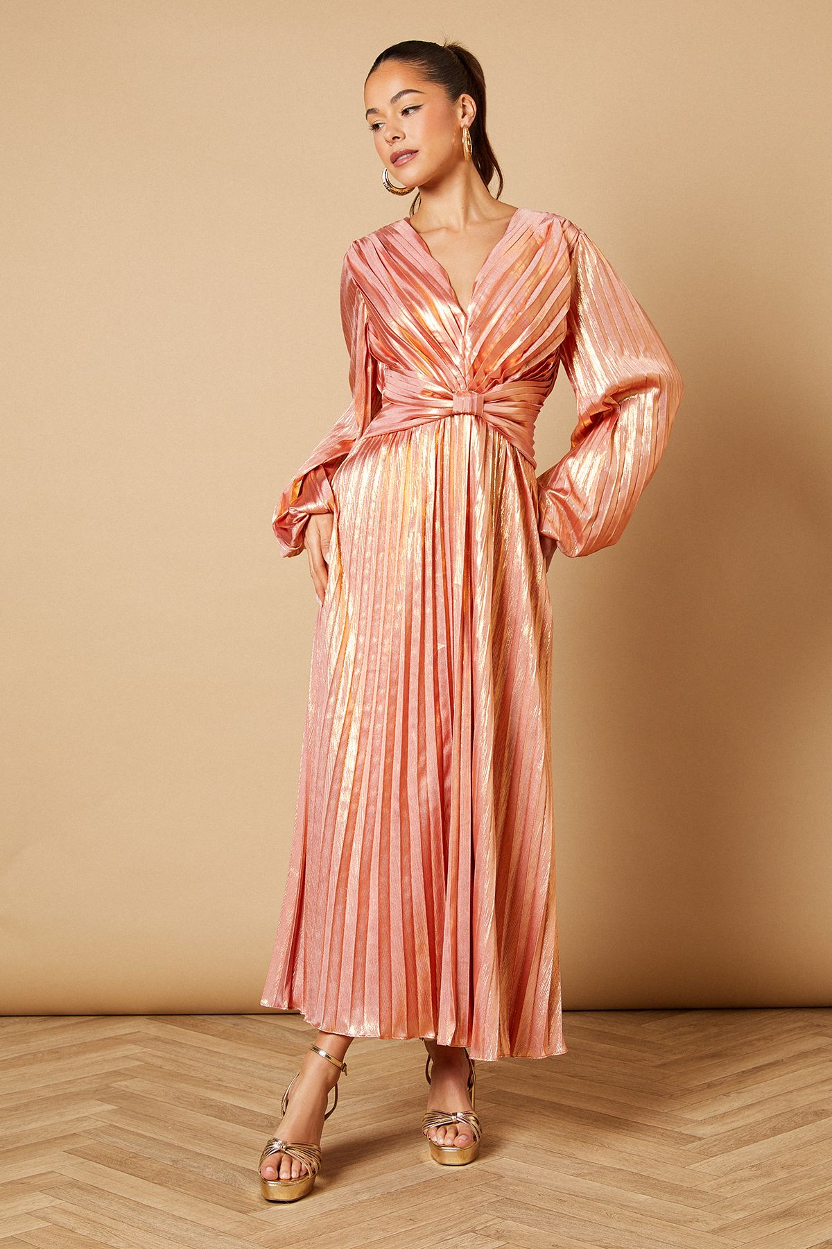 Oasis Metallic V Neck Pleated Midi Dress Rose Gold image 1