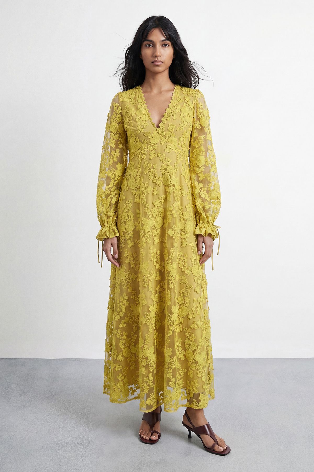Warehouse Embroidered Organza Open Back Detail Maxi Dress Chartreuse
