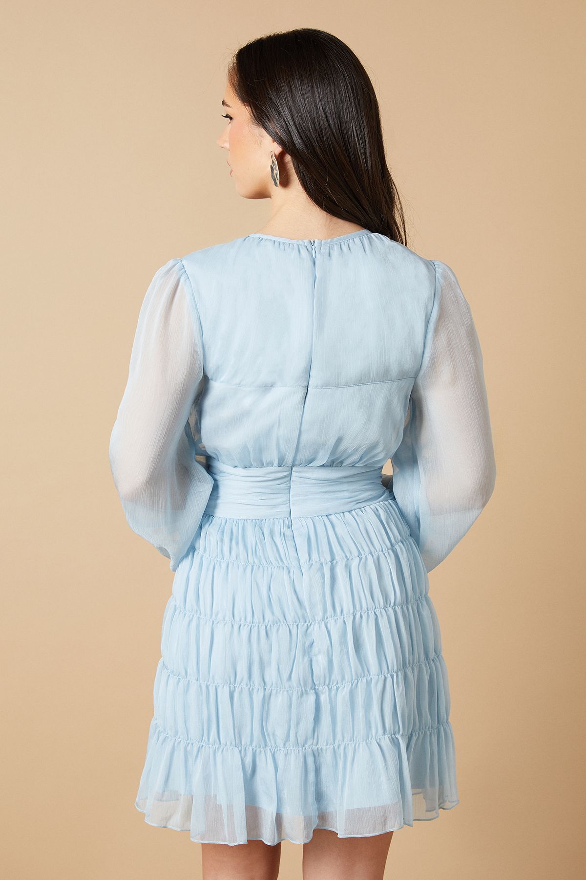 Oasis Ruched Waist Mesh Insert Mini Dress Blue image 4