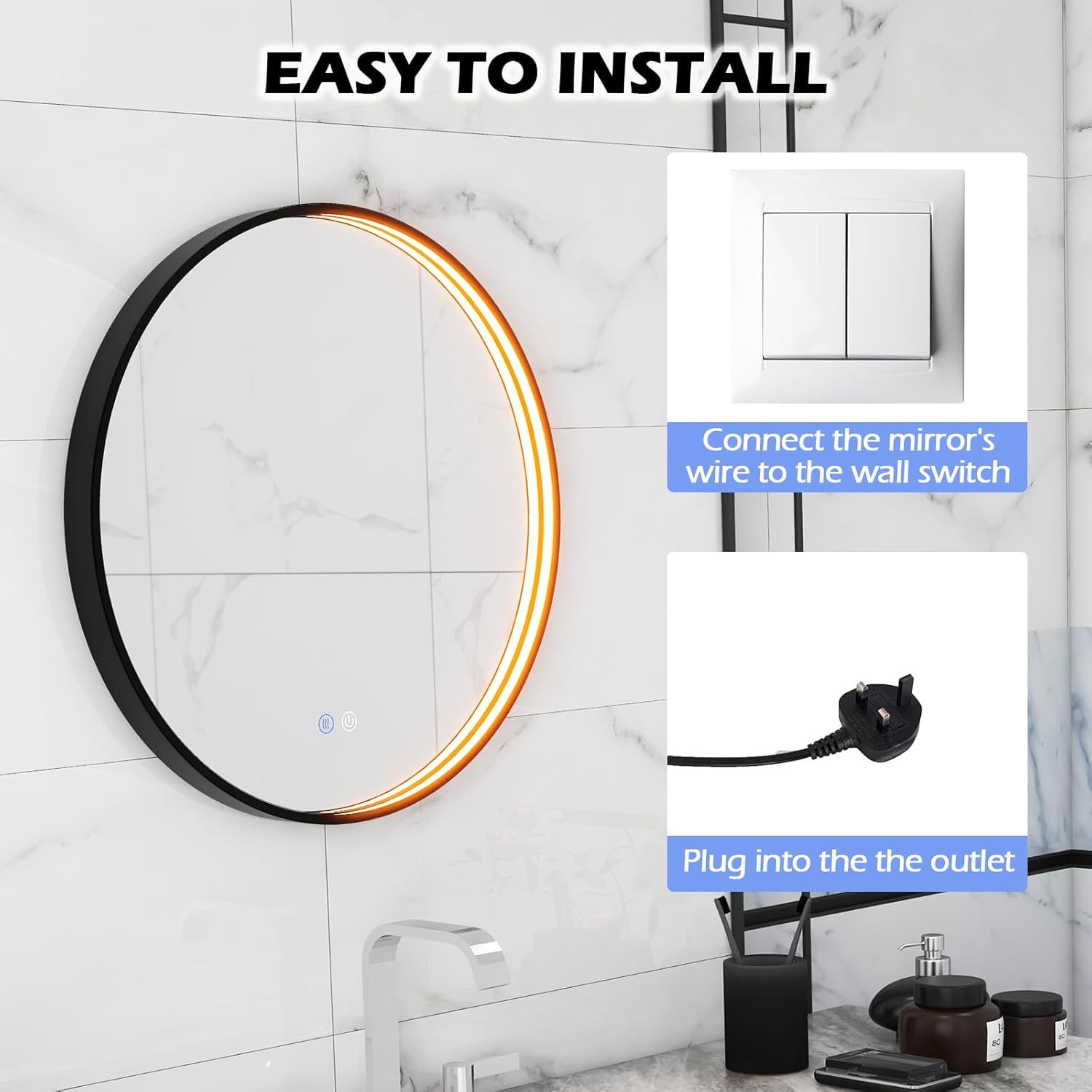 Gymax 60 CM Round Bathroom Mirror Vanity Mirror With 3-Color LED Lights image 5
