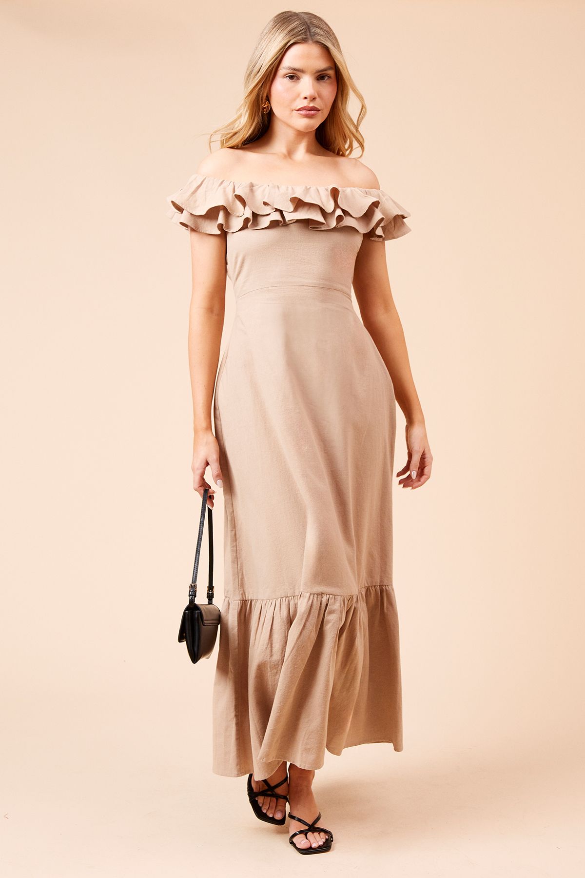 Dorothy Perkins Ruffle Bardot Linen Midi Dress Taupe image 1
