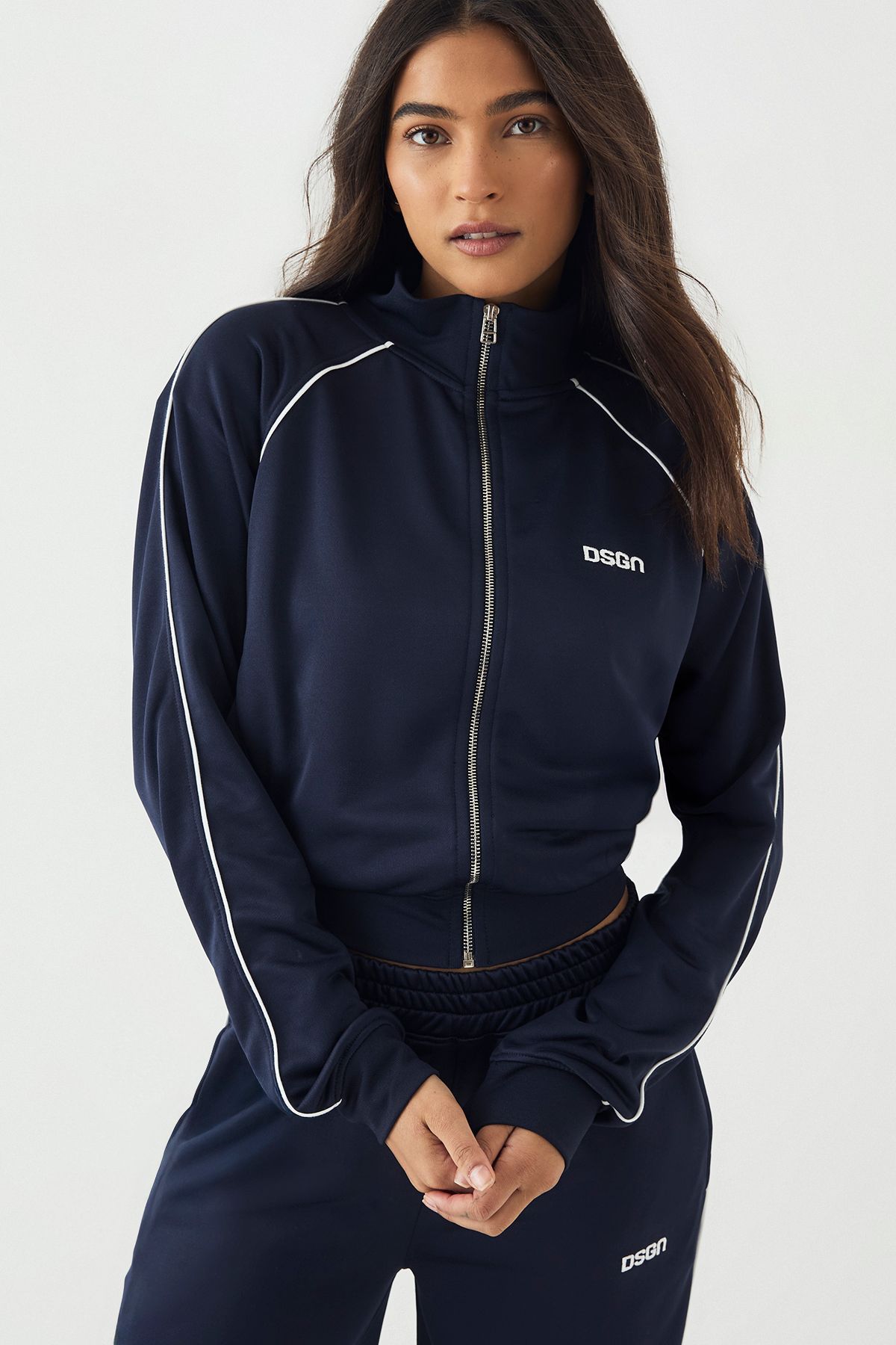 DSGN Studio DSGN Studio Tricot Piping Detail Zip Through Track Jacket Navy image 3