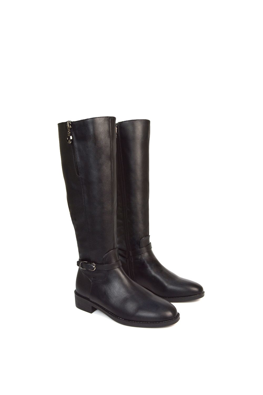 XY London 'Georgina' Knee High Boots Low Heel Zip Up Calf Riding Biker With Ankle Strap image 3