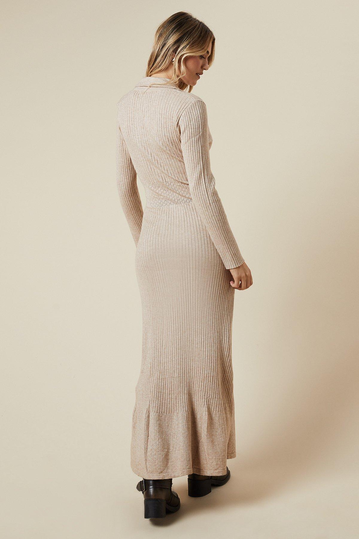 Oasis Pointelle Waist Detail Button Down Knitted Midi Dress Ecru image 3