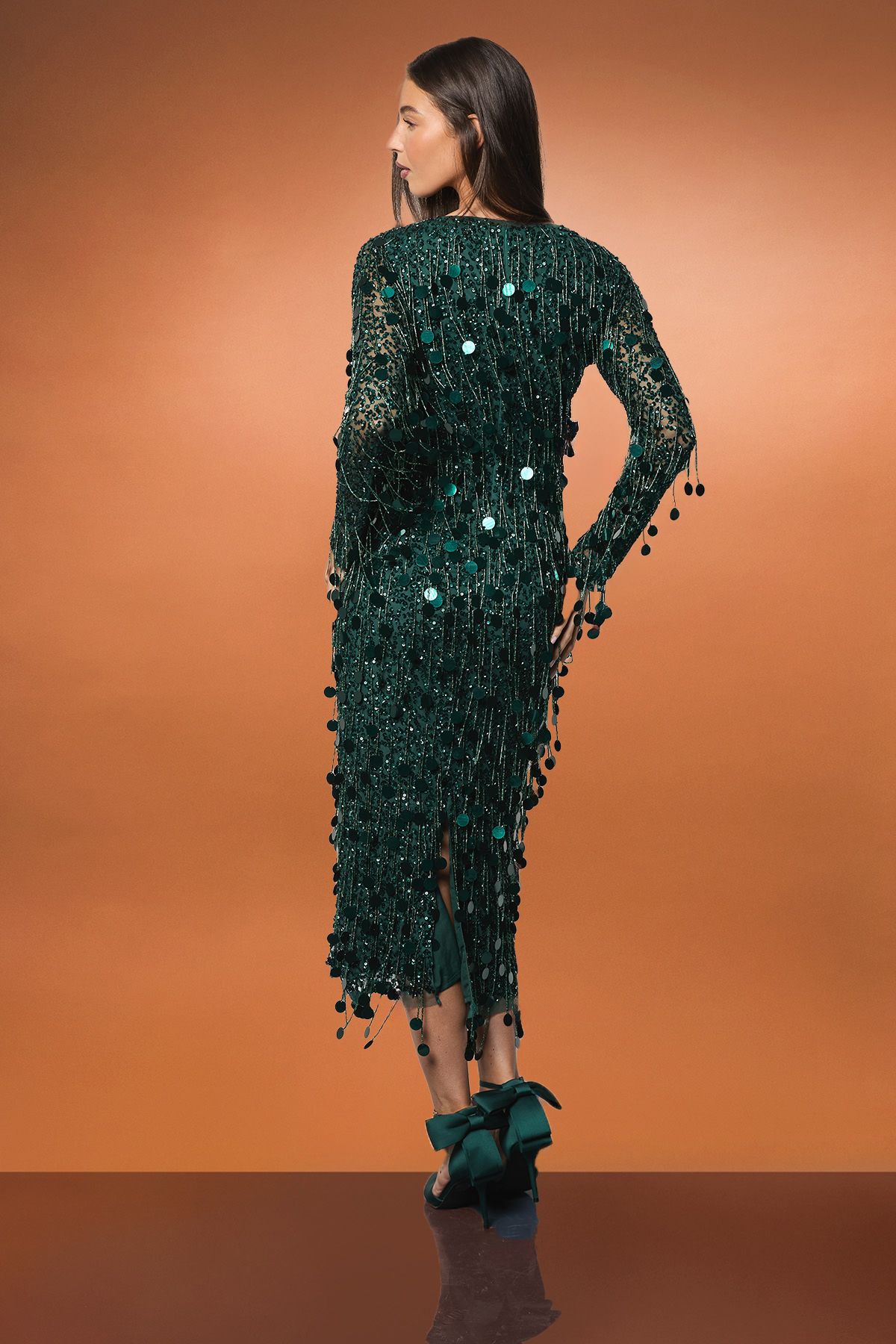 Coast Sequin Long Sleeve Midi Dress Emerald image 3
